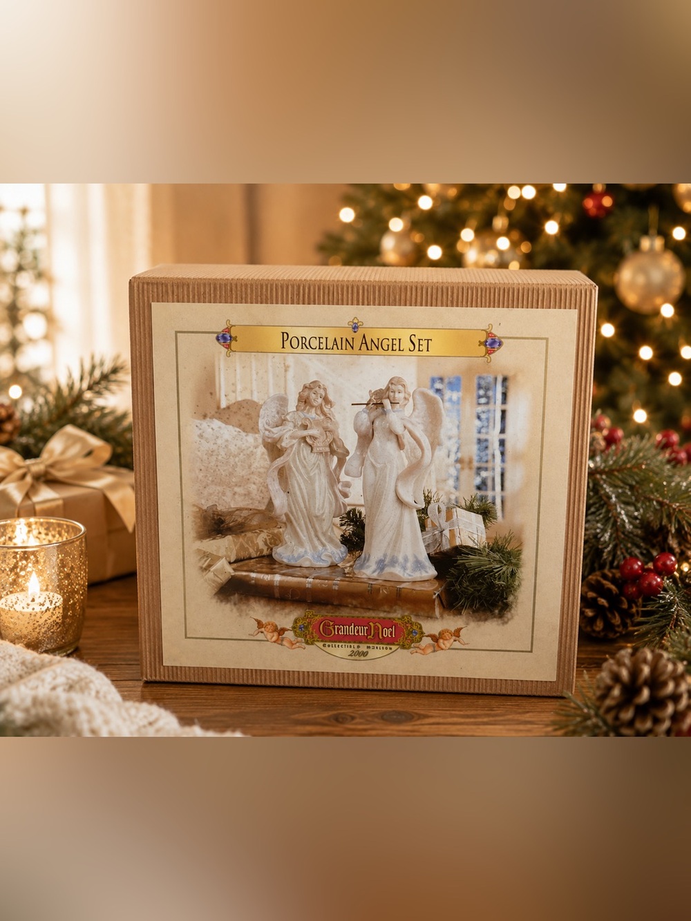 Grandeur Noel 2000 Porcelain Angel Set 2pc Collectible Christmas Angels